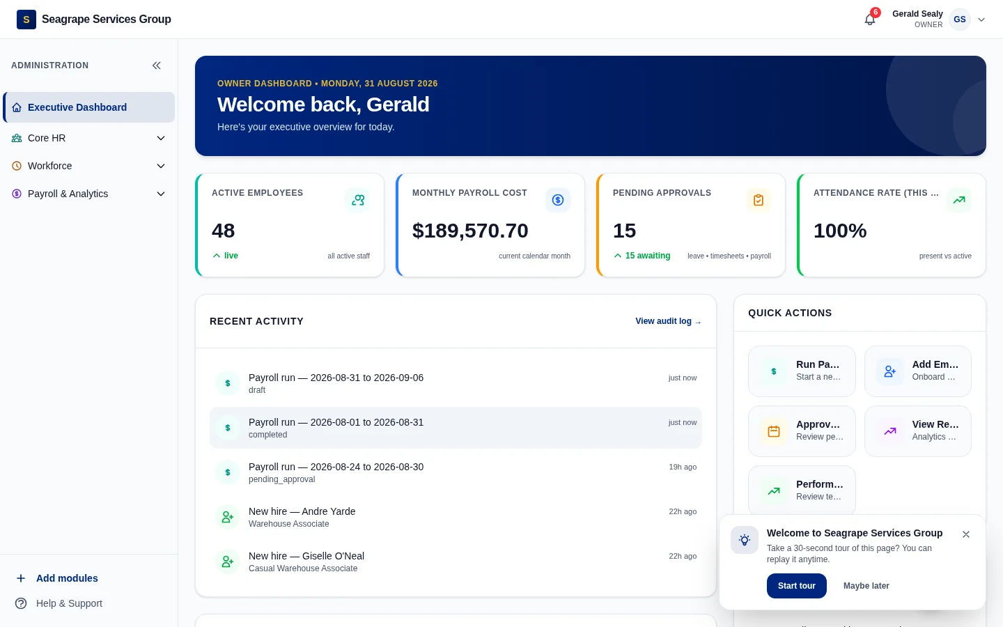 CoreIsle dashboard: staff, payroll cost in BBD, approvals and attendance